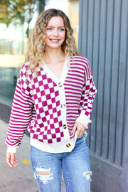 Cozy Days Magenta Checkered & Striped Button-Down Cardigan