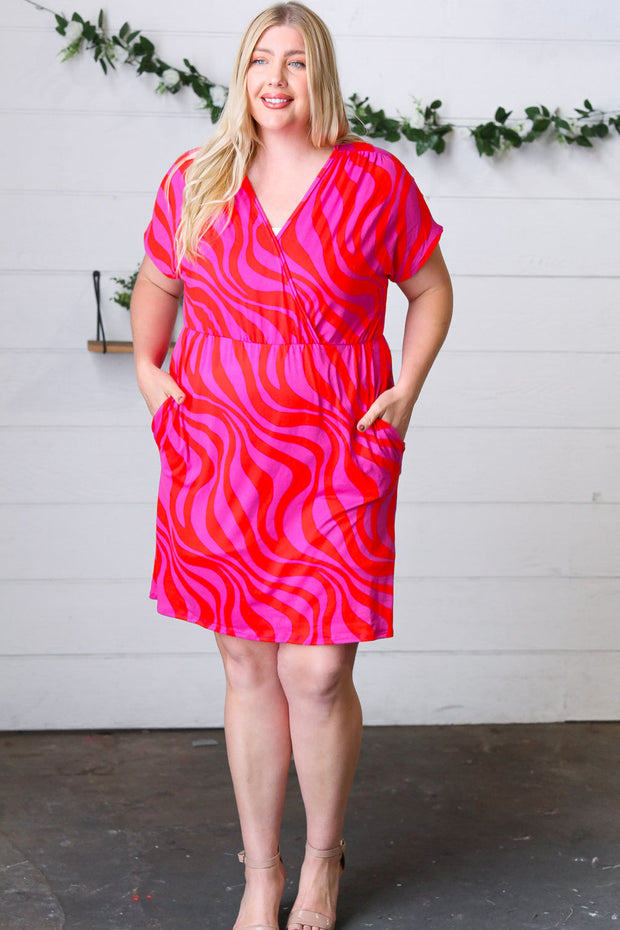 Fuchsia Zebra Surplice V Neck Pocketed Dress