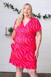 Fuchsia Zebra Surplice V Neck Pocketed Dress