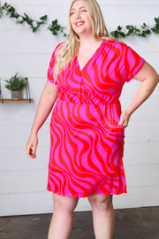 Fuchsia Zebra Surplice V Neck Pocketed Dress