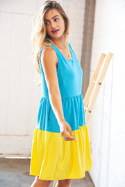 Blue Flare Color Block Tiered Woven Dress