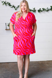 Fuchsia Zebra Surplice V Neck Pocketed Dress