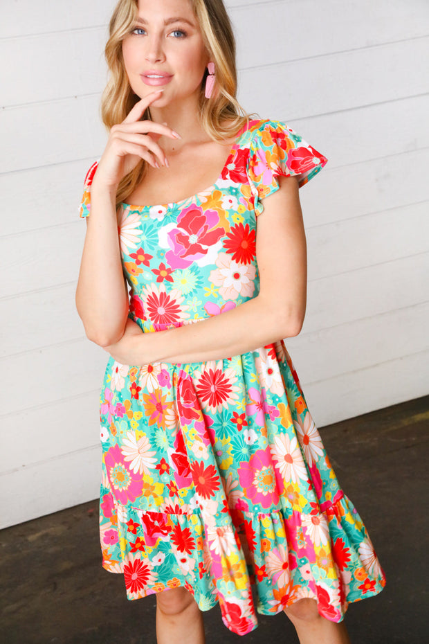 Seafoam & Fuchsia Tropical Floral Square Neck Dress